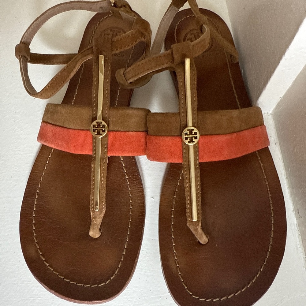 Tory Burch Brown and Orange Suede T-Strap Sandals